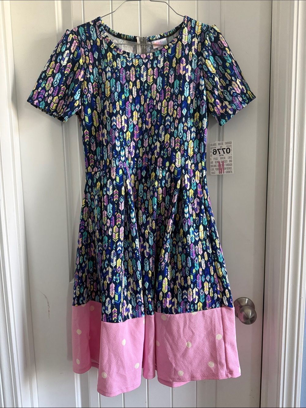LuLaRoe Amelia Feather and Pink Polka Dot Short Sleeve Dress